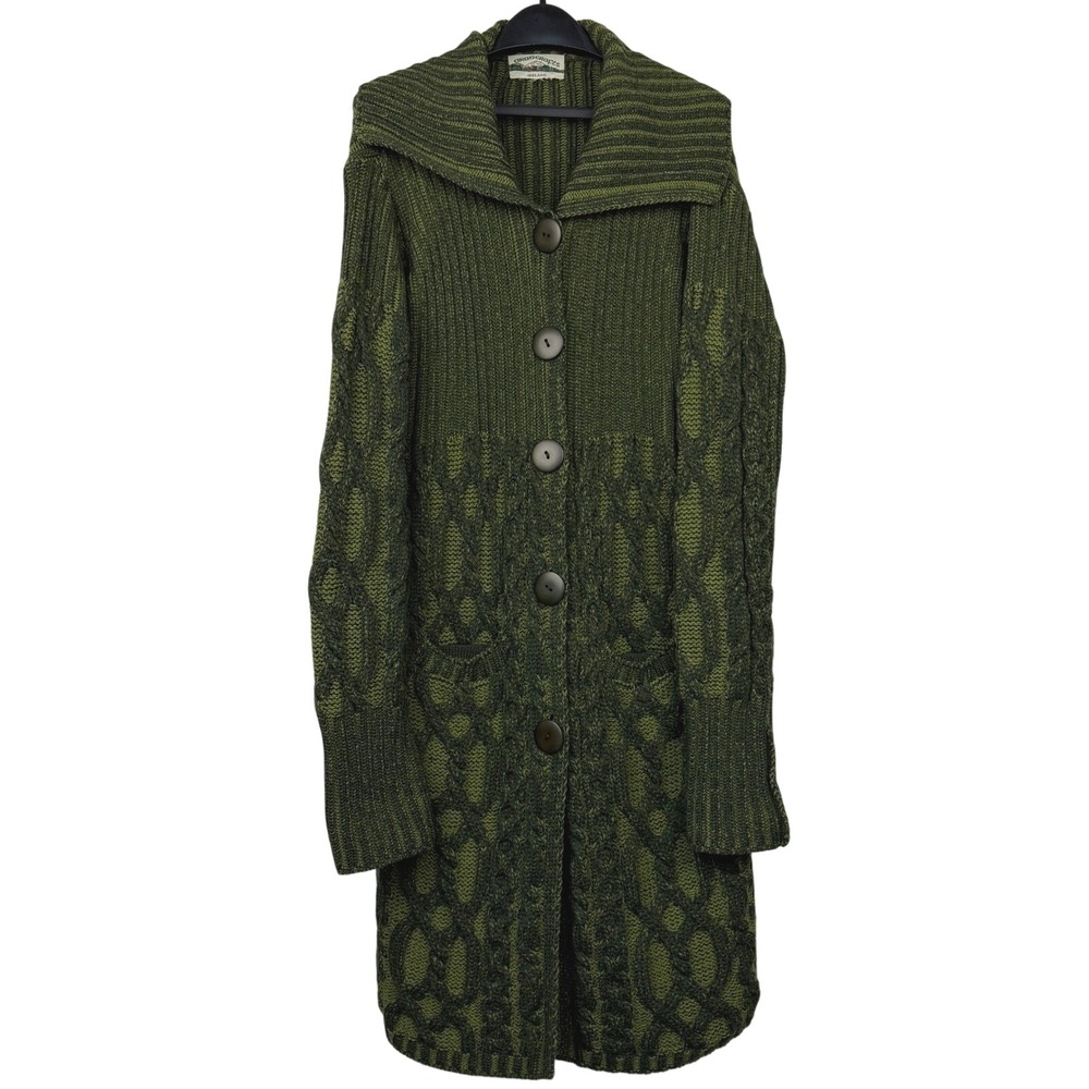 Vintage Aran Crafts 100% MERINO WOOL Cardigan Womens XL Cable Knit Duster Green